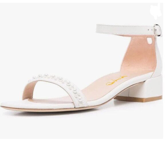 XYD White Pearls Open Toe Strappy Low Block Heel Ankle Strap with Buckle Sandal - Picture 1 of 8